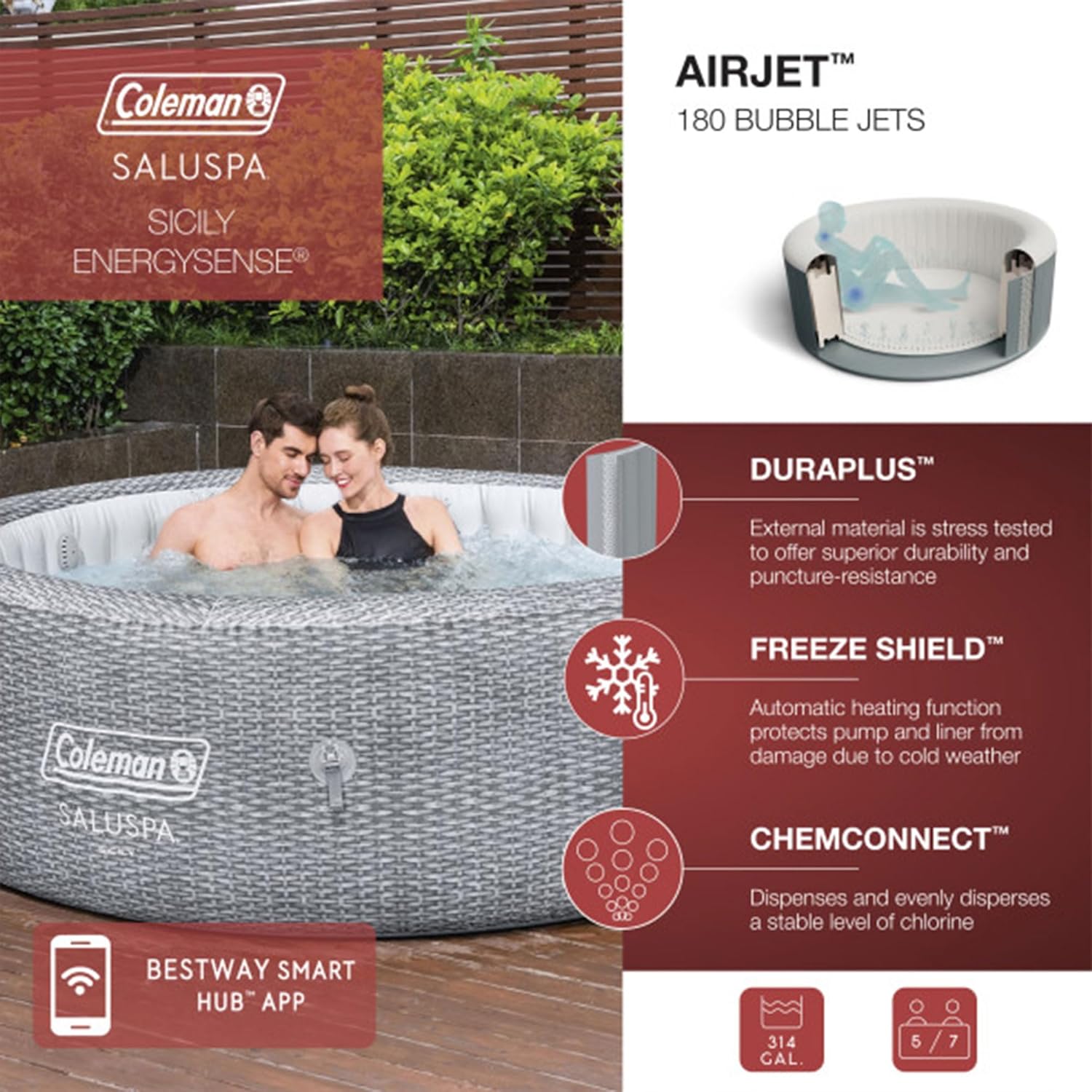 Gray Inflatable Round Hot Tub with Cover & 4 Non-Slip Pool Spa Seat D68976