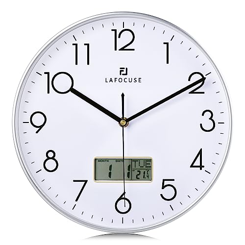 Black Wall Clock with Date Month Day of Week and Temperature Silent Non-Ticking Battery Operated Clock D5093