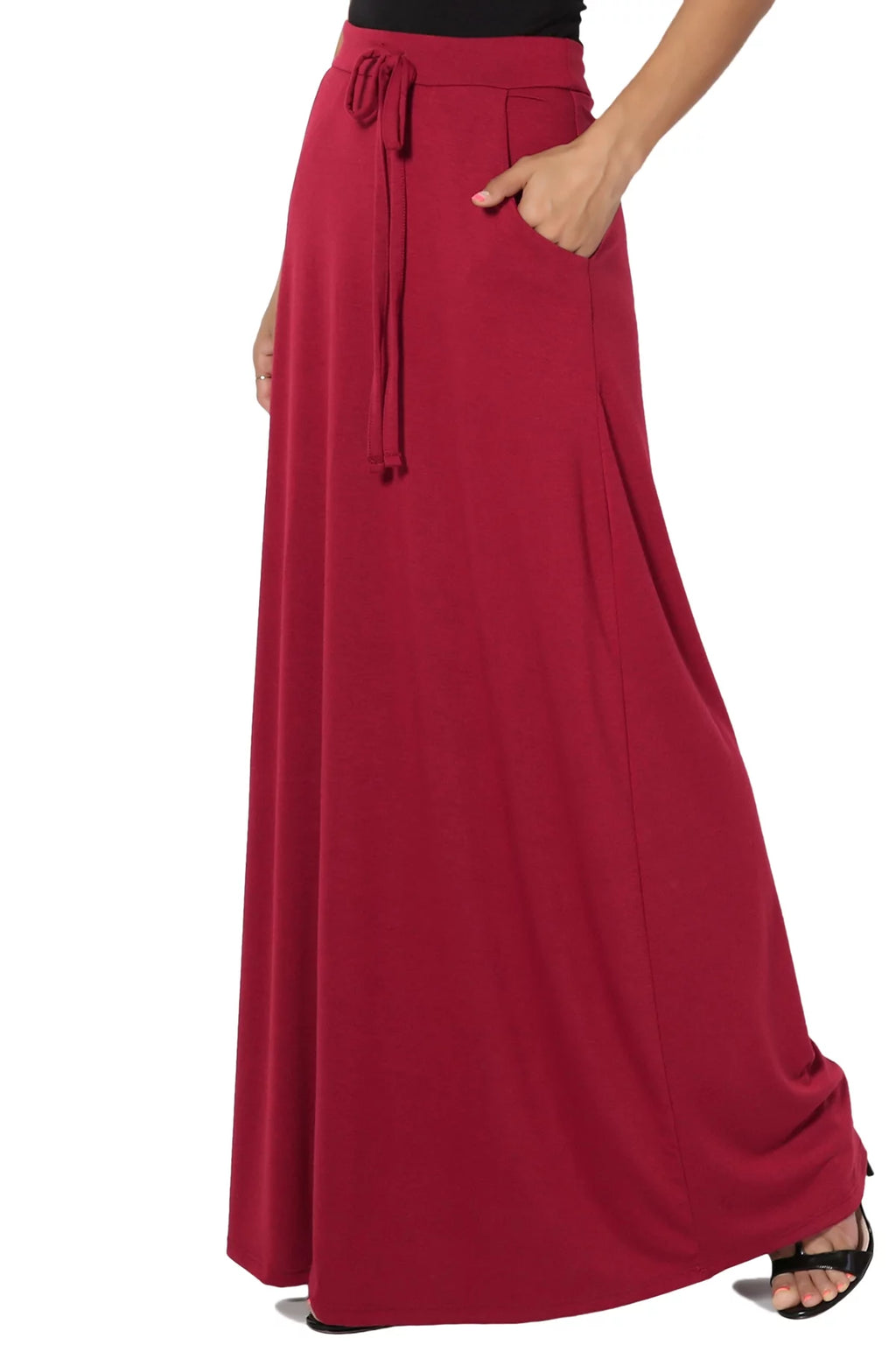Women's PLUS Drawstring Waist Pocket Drapey Jersey A-Line Long Maxi Skirt X54505