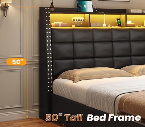 Gray Queen Bed Frame with Storage Headboard and 4 Drawers T60505