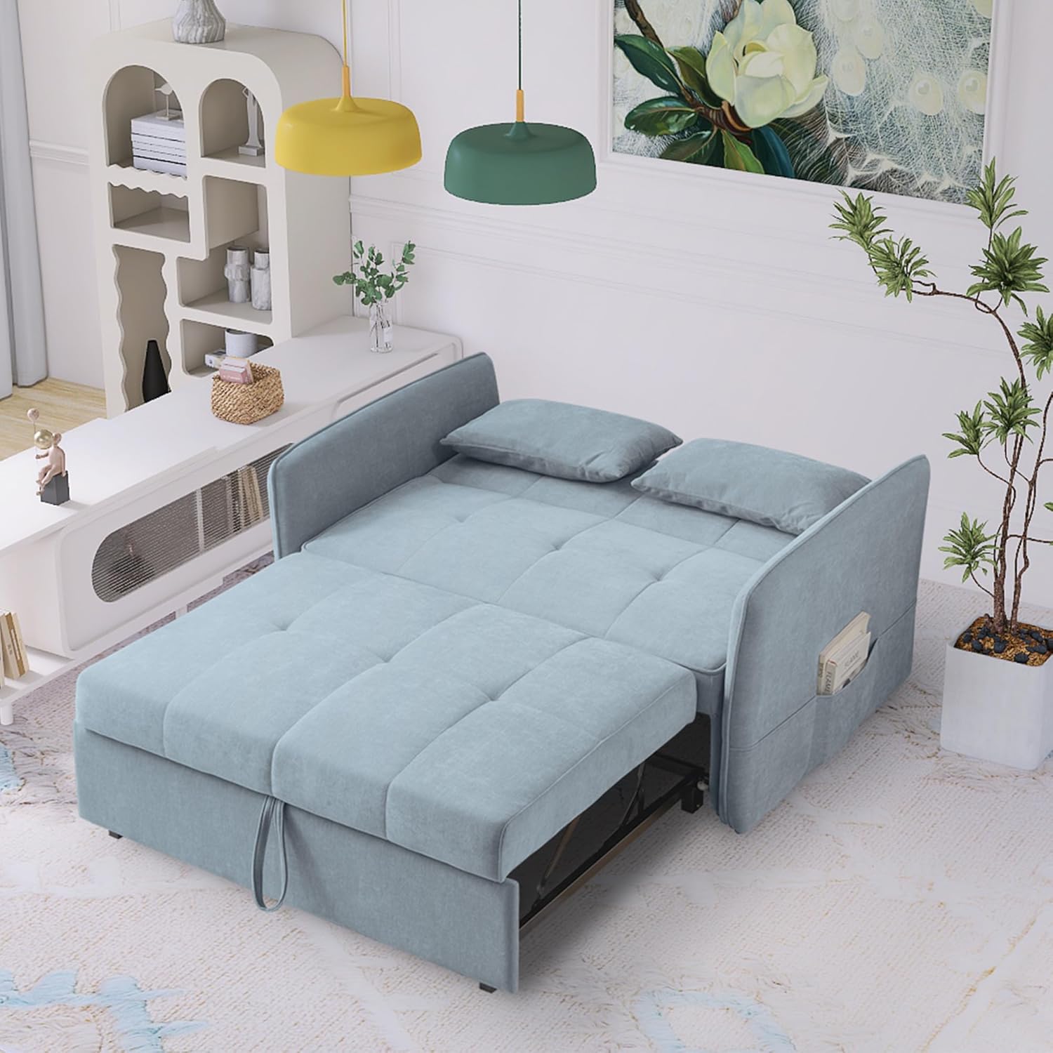 Bluish Grey Chenille Fabric Double Sofa Bed with Pull-Out Bed C1050
