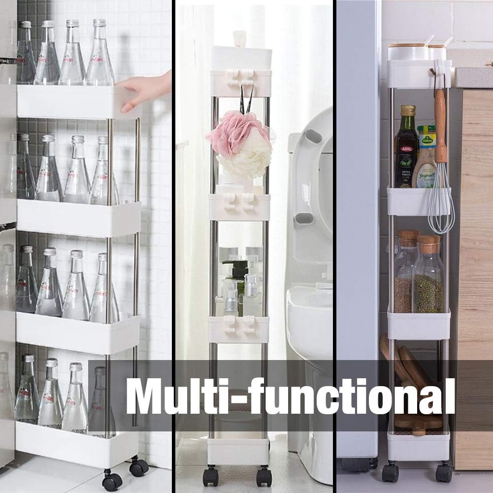 4 Tier Narrow Sliding Storage Organizer Rack Rolling Cart (White) R2673