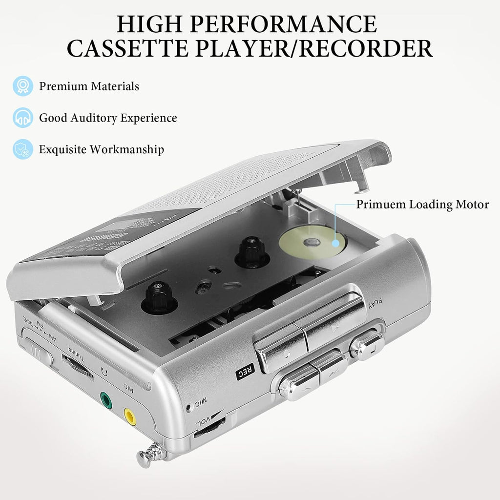 Silver Portable Cassette Player Recorder AM FM Radio Stereo with Built in Speaker and Earphones Q45383