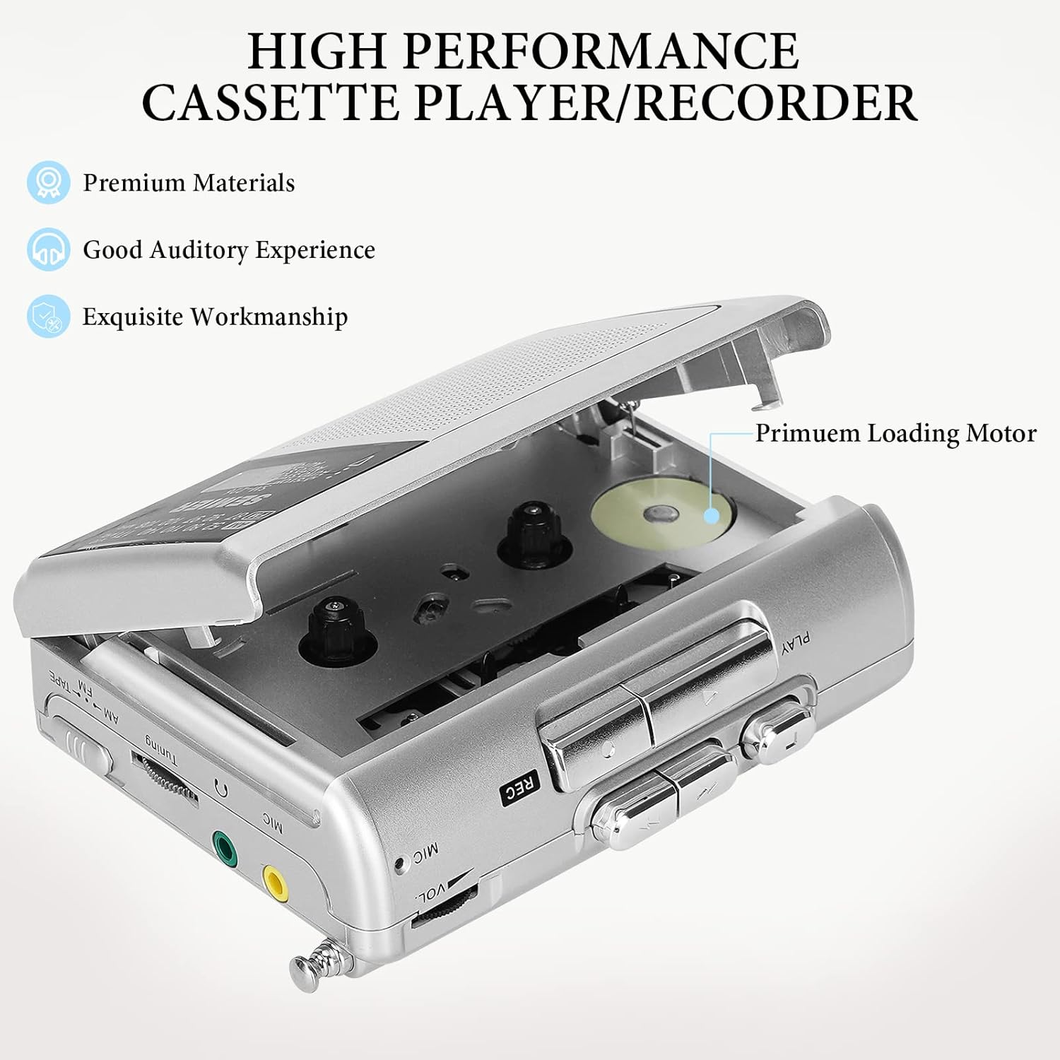 Silver Portable Cassette Player Recorder AM FM Radio Stereo with Built in Speaker and Earphones Q45383