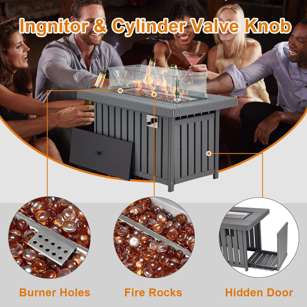 Gray 43 Inch HDPE Propane Fire Pit Table with Lid and Fire Glass J7544