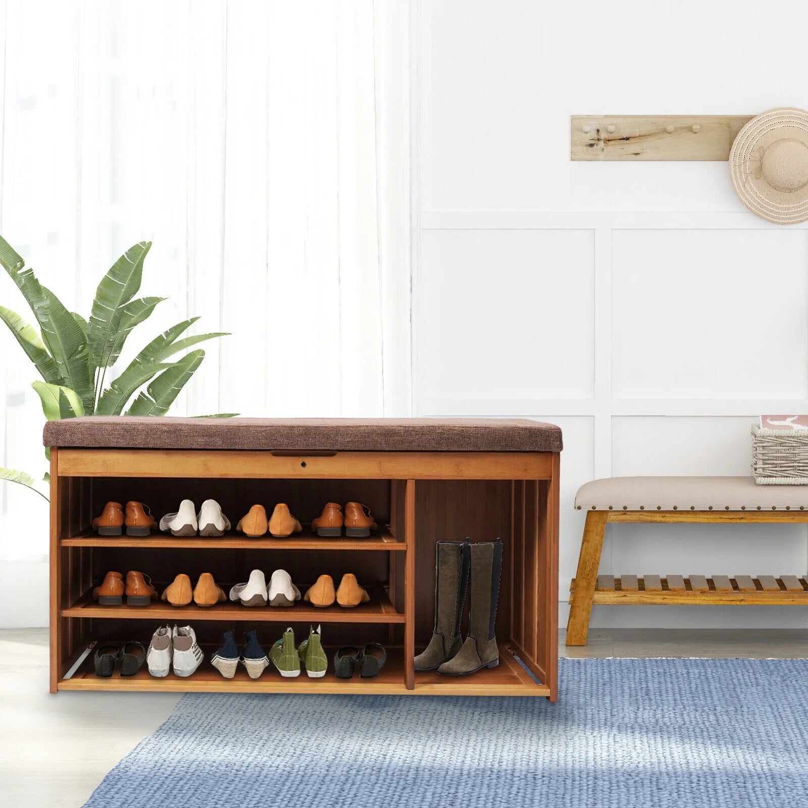 3 Tier Brown Bamboo Shoe Bench Storage Cabinet with Cushion H651713