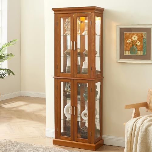 Oak Glass Display Cabinet with Lighted Mirrored Back Panel and Adjustable Shelves T615063