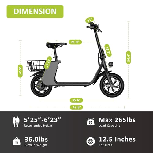 Electric Scooter with Seat & Carry Basket, 672W PWR, 288Wh, 20MPH, 20 Miles, 12.5" Tires N179