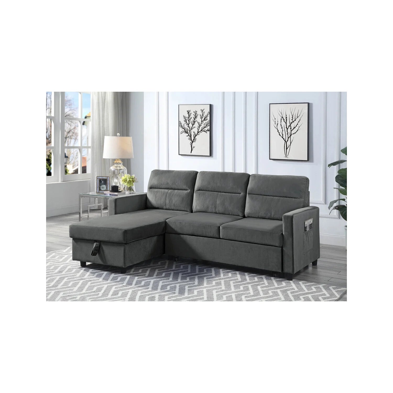Velvet Reversible Sleeper Sectional Sofa With Storage Chaise And Side Pocket T66044