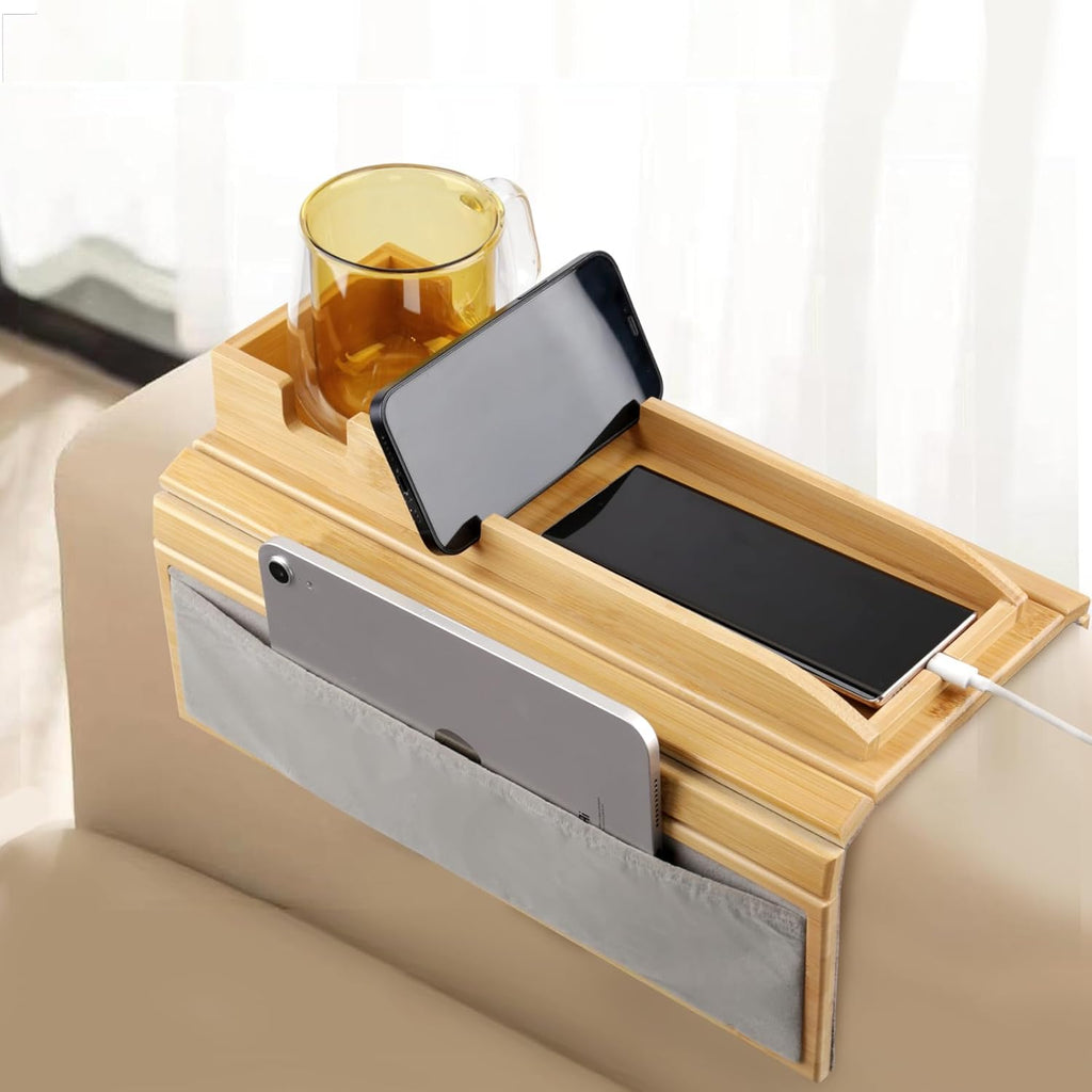 Natural Bamboo Couch Cup Holder Tray with Side Storage Pocket Z62163