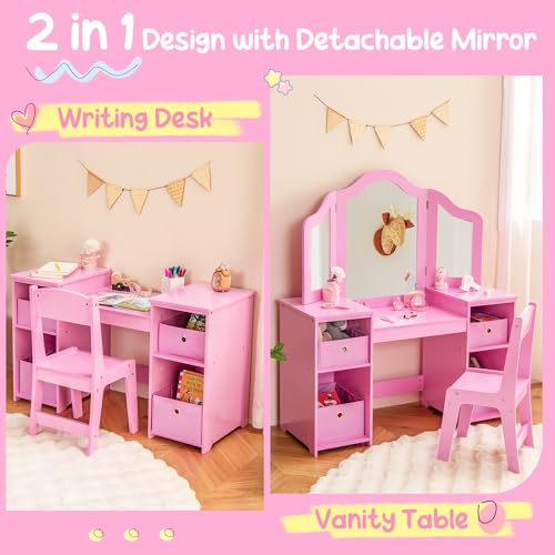 White Kids Vanity with Tri-fold Mirror Q66544
