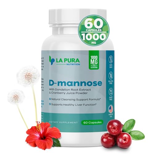 D-mannose 1000 mg Supplement with Cranberry Juice Powder, Hibiscus Flower & Dandelion Herb Extract, 60 Capsules K7462