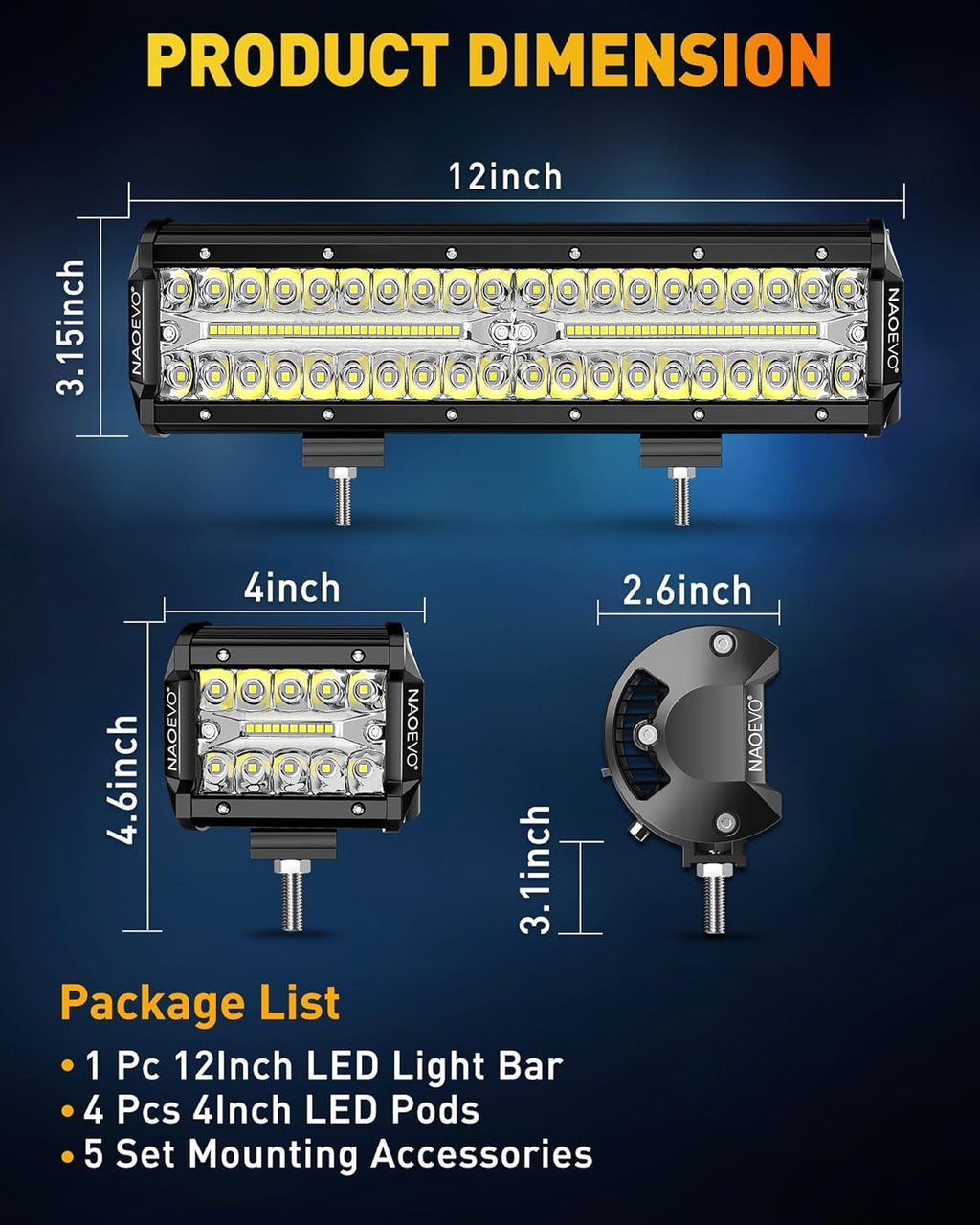 12 Inch LED Light Bar and 4PCS 4 Inch LED Pod Lights, 54000LM Triple Row Spot Flood Combo LED Light Bar I433974