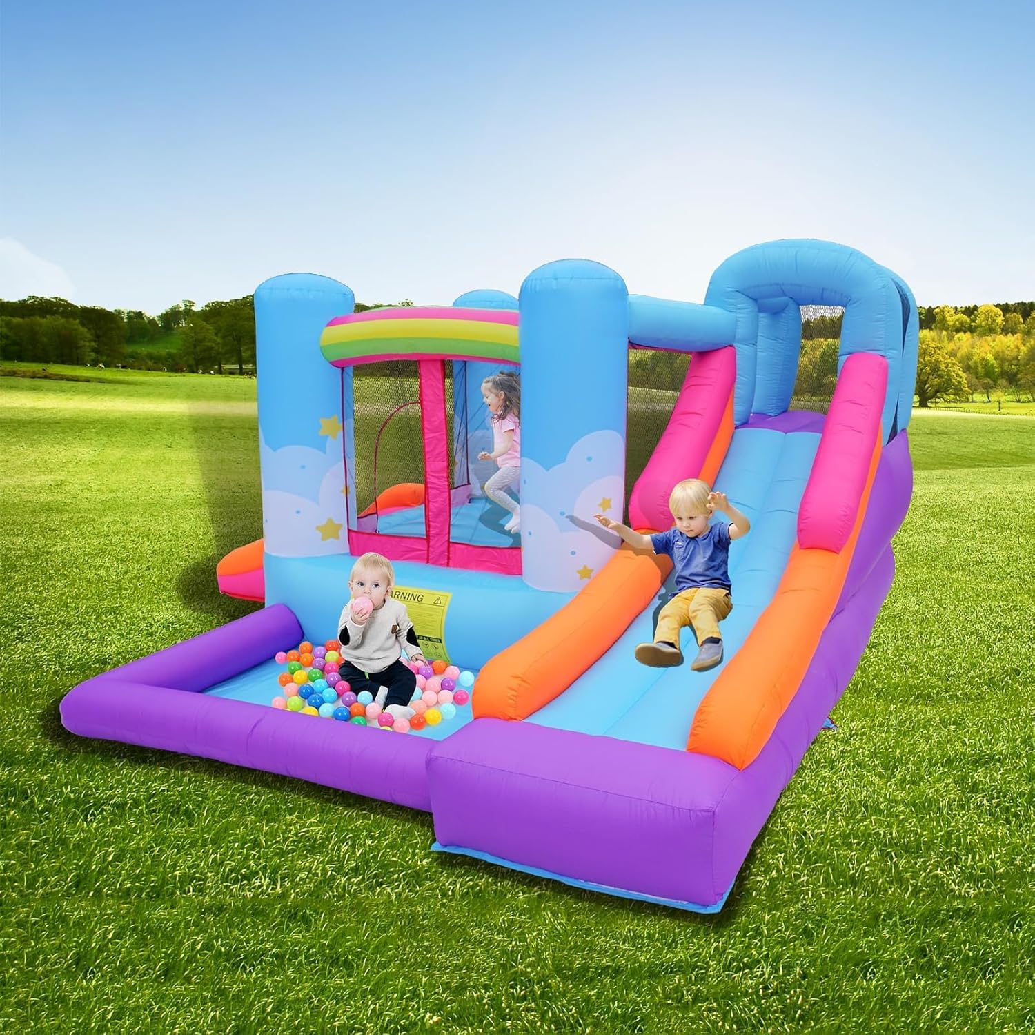 Inflatable Bounce House with Air Blower, Ball Pit, Slides, Reinforced PVC Bounce Floor U111392