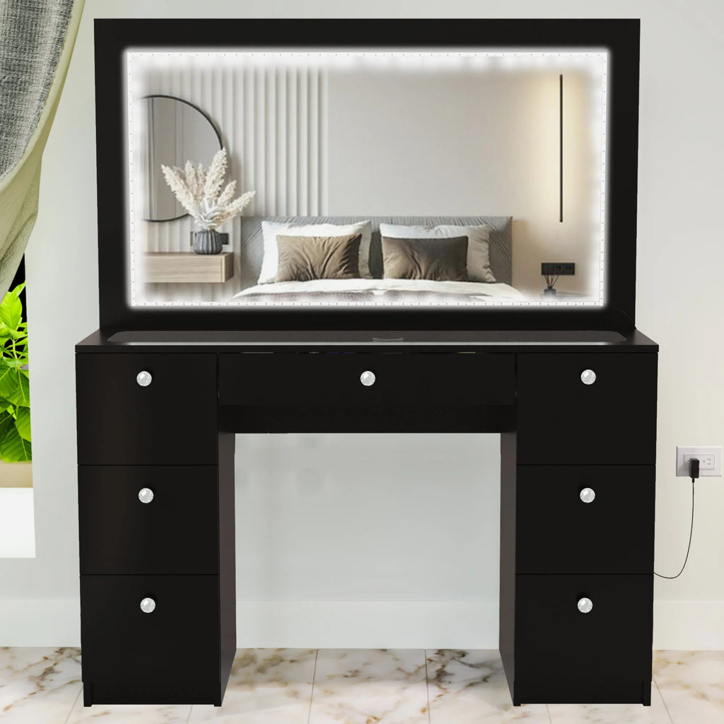Black Vanity Desk with LED Lights, 7 Drawers, Mirror K873954