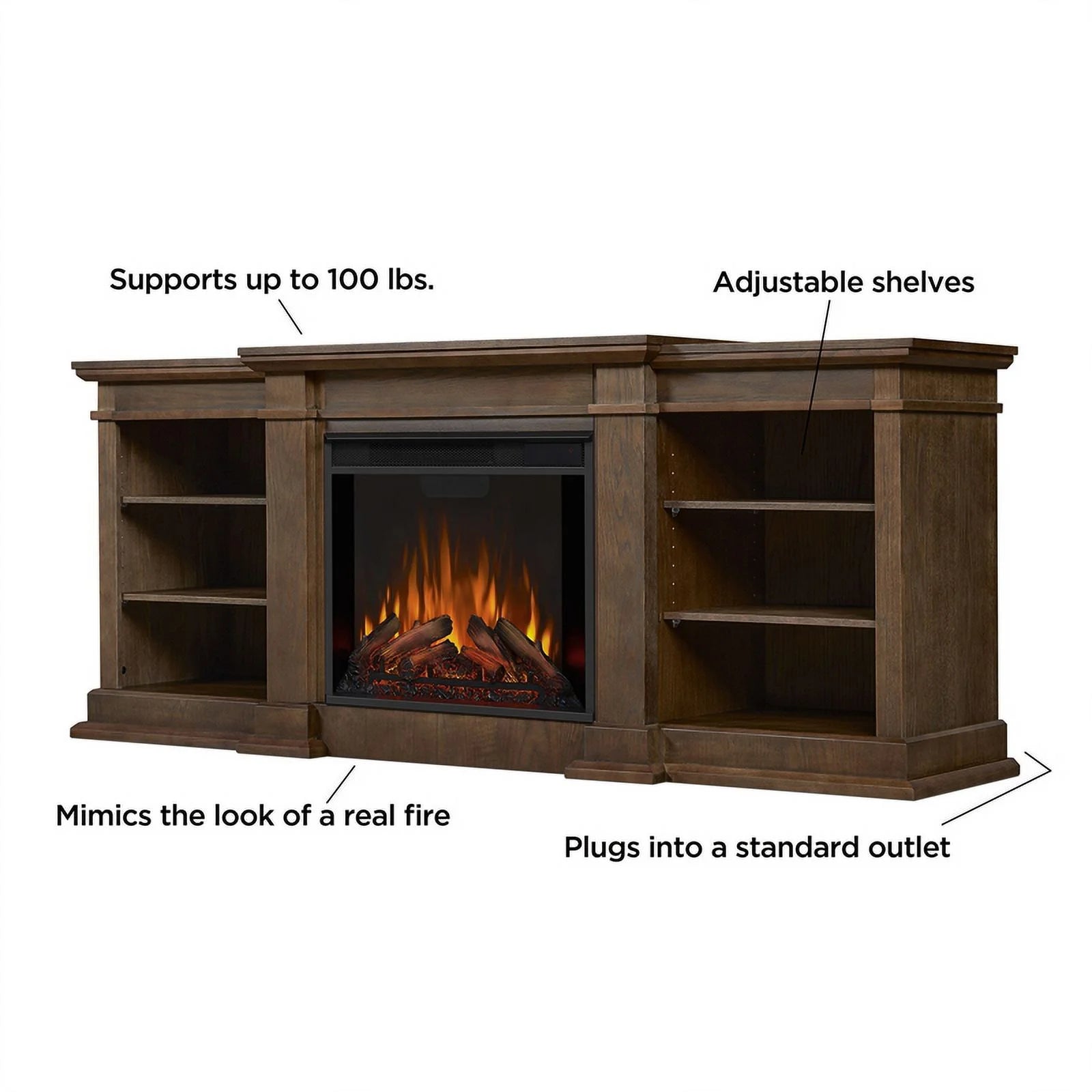 Traditional Wood & Steel Electric Fireplace TV Stand in Heritage Oak Y54664