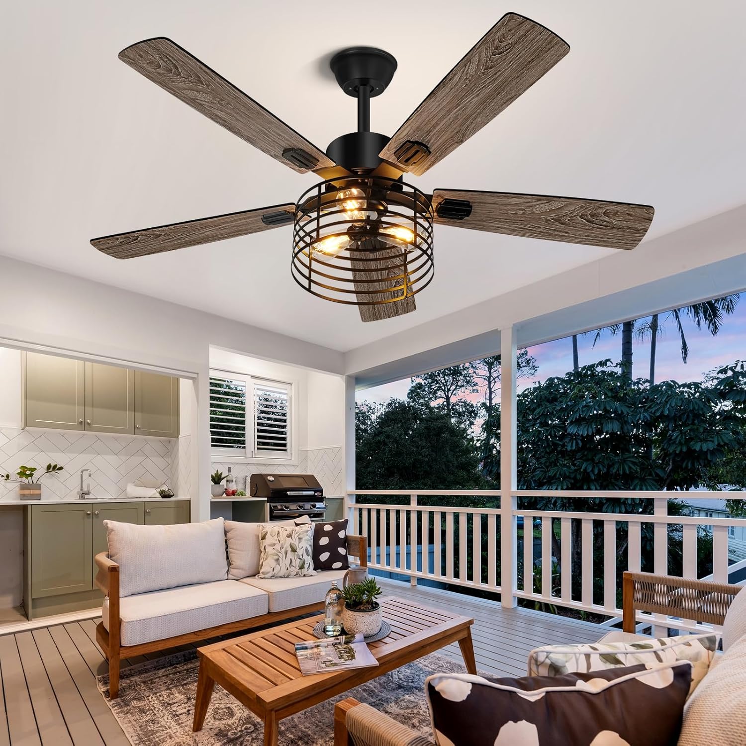 52 Inch Industrial Black Ceiling Fan with Light and Remote E2201