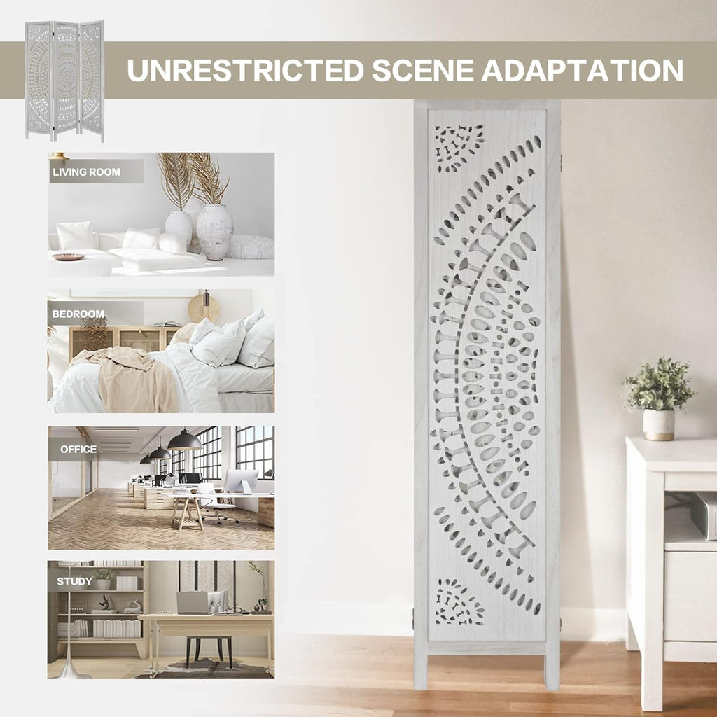 3 Panel Carved Wood Room Divider, 5.6ft Tall Folding Privacy Screen (White) H8638