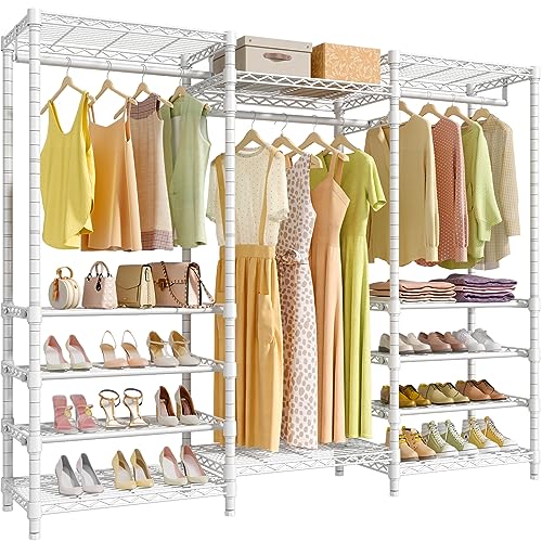 White Heavy Duty Garment Rack with Adjustable Shoe Rack Wire Shelf P115554