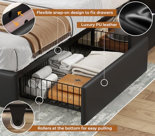 Gray Queen Bed Frame with Storage Headboard and 4 Drawers T60505