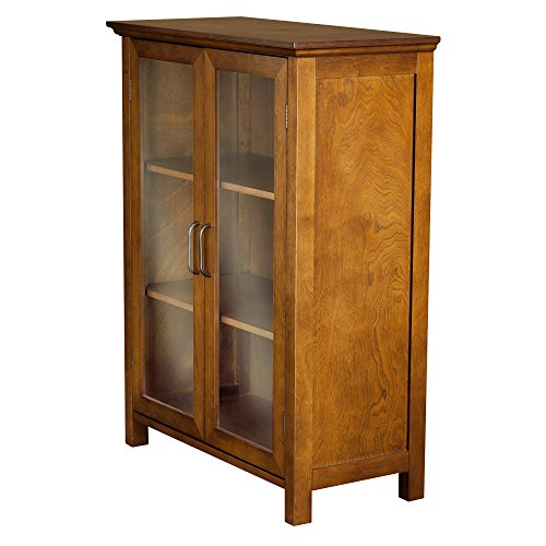 Oiled Oak Wooden Freestanding Floor Cabinet with 2 Adjustable Shelves and 2 Glass Paneled Doors Y13359