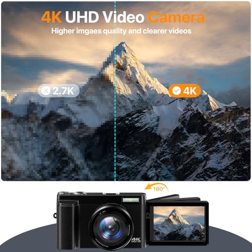 4K Digital Camera with 3'' 180° Flip Screen 16X Anti-Shake Compact Cameras with SD Card, Flash, 2 Batteries & Battery Charger U532288