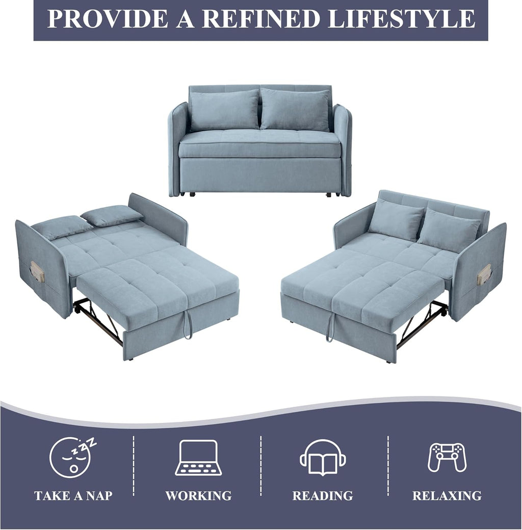 Bluish Grey Chenille Fabric Double Sofa Bed with Pull-Out Bed C1050