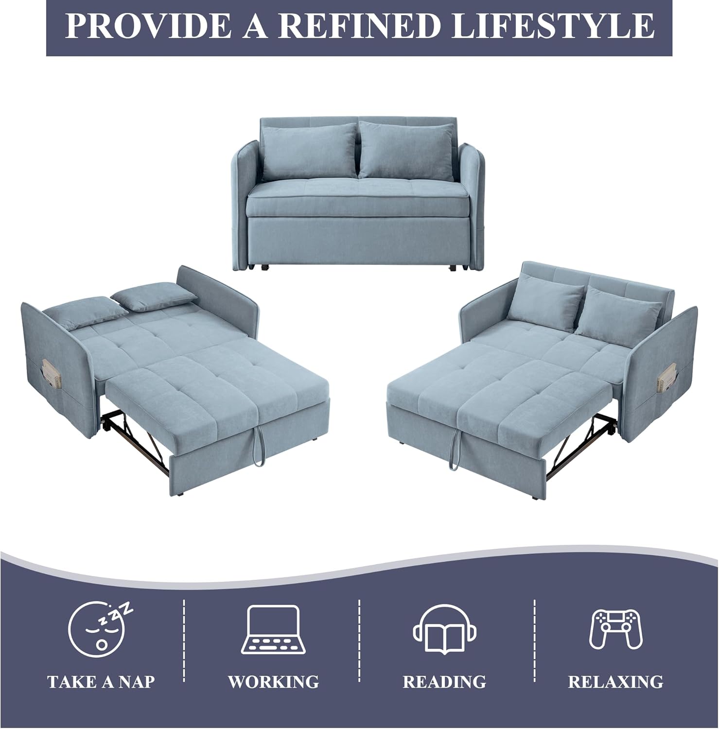 Bluish Grey Chenille Fabric Double Sofa Bed with Pull-Out Bed C1050