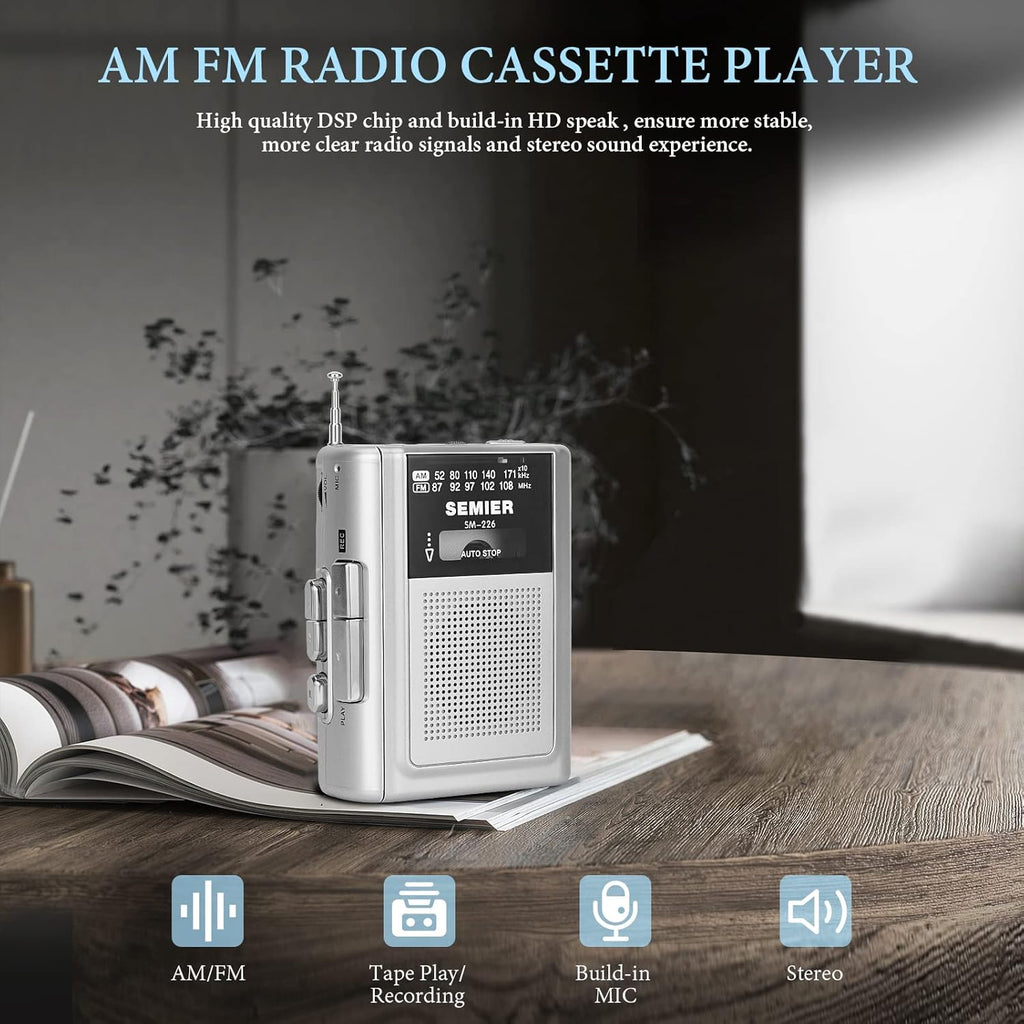 Silver Portable Cassette Player Recorder AM FM Radio Stereo with Built in Speaker and Earphones Q45383
