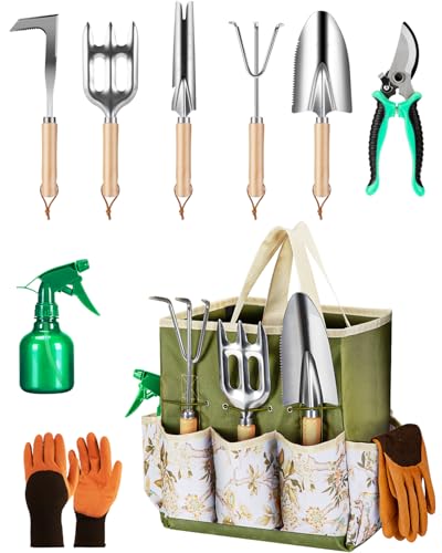 9-Piece Heavy Duty Stainless Steel Gardening Tool Set with Storage Tote (Green) E7604