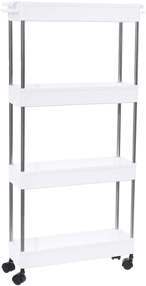 4 Tier Narrow Sliding Storage Organizer Rack Rolling Cart (White) R2673