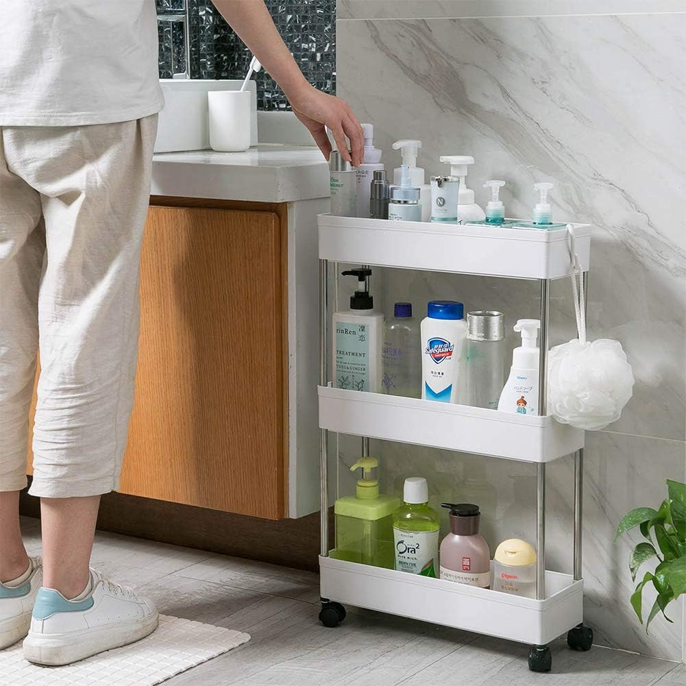 4 Tier Narrow Sliding Storage Organizer Rack Rolling Cart (White) R2673