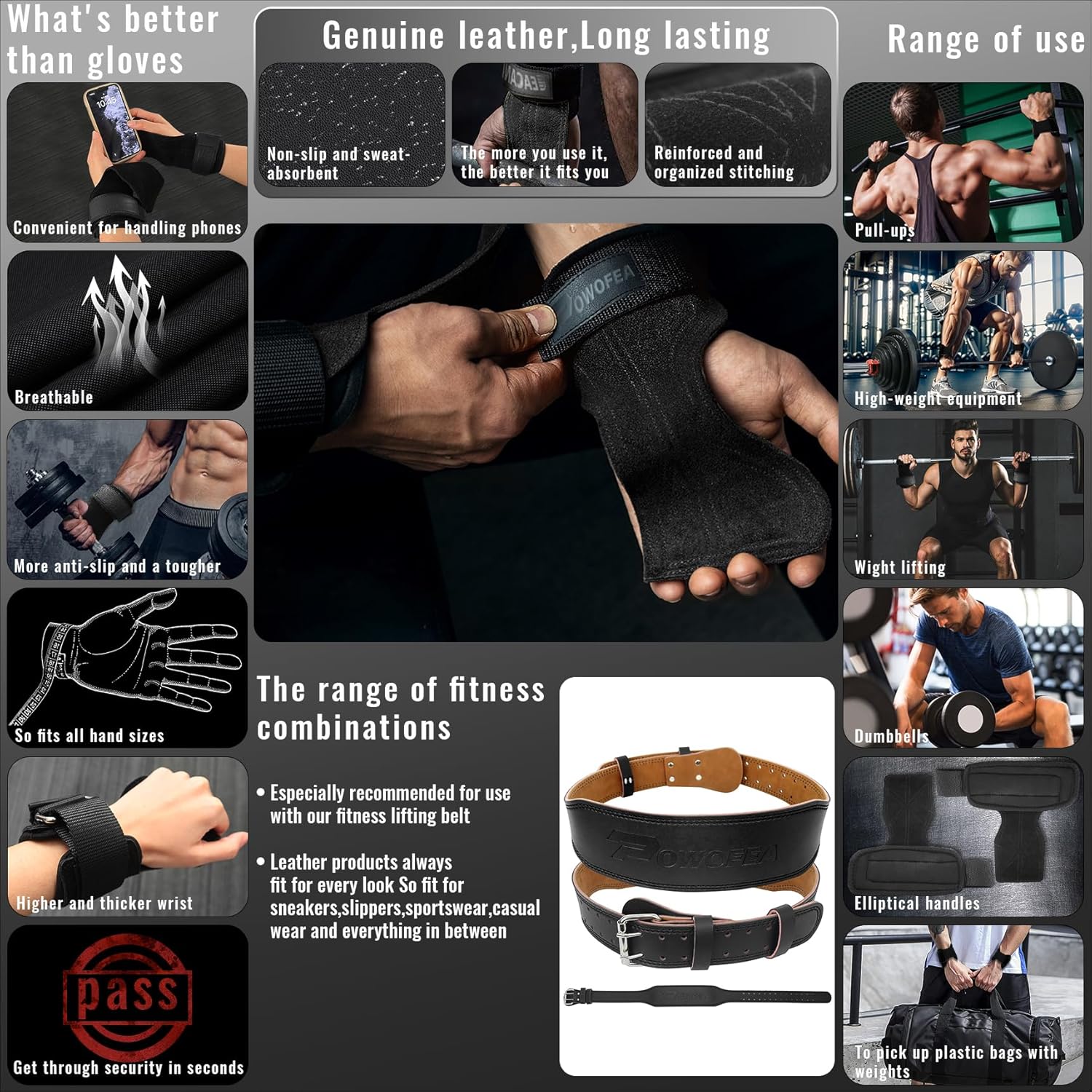 Durable Leather Weight Lifting Belt with Adjustable Buckle and Wrist Straps P11085