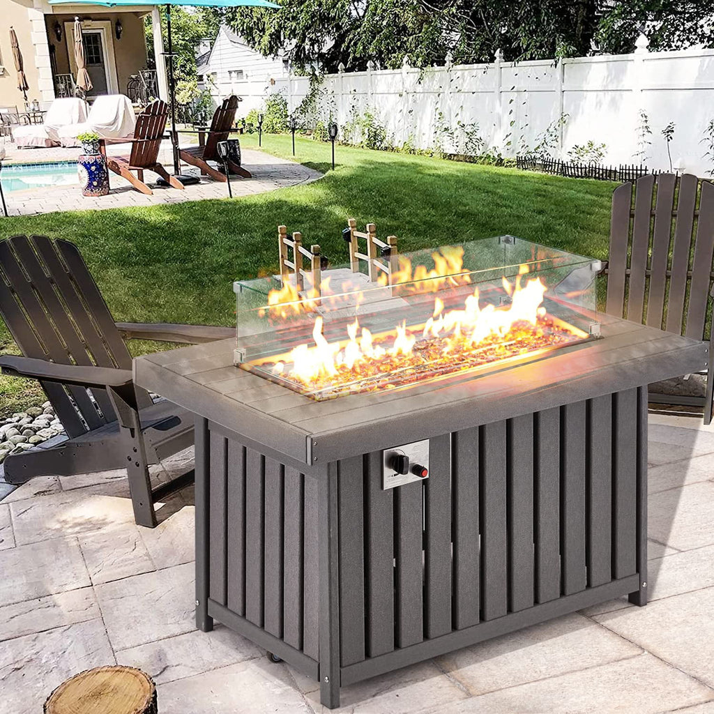 Gray 43 Inch HDPE Propane Fire Pit Table with Lid and Fire Glass J7544