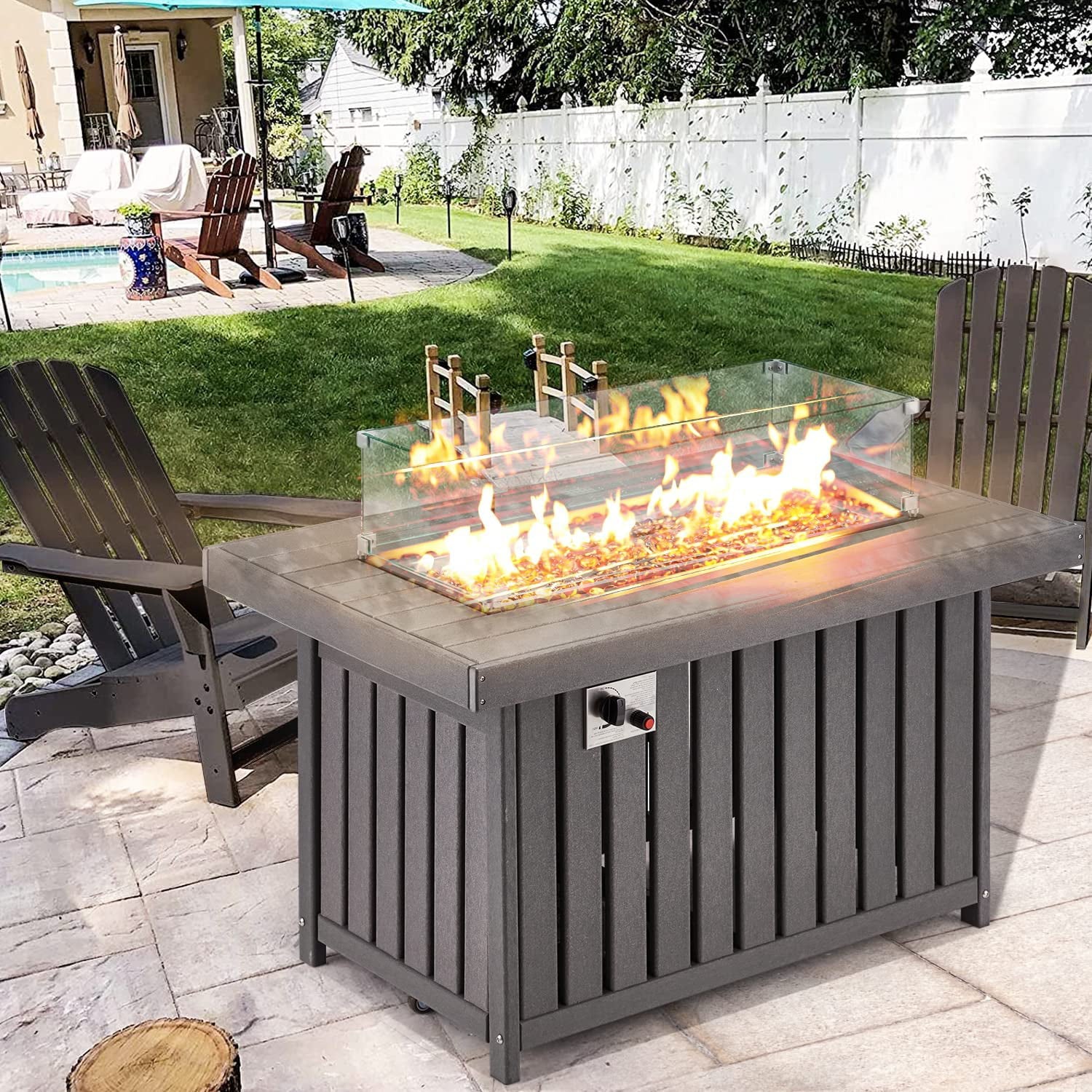 Gray 43 Inch HDPE Propane Fire Pit Table with Lid and Fire Glass J7544
