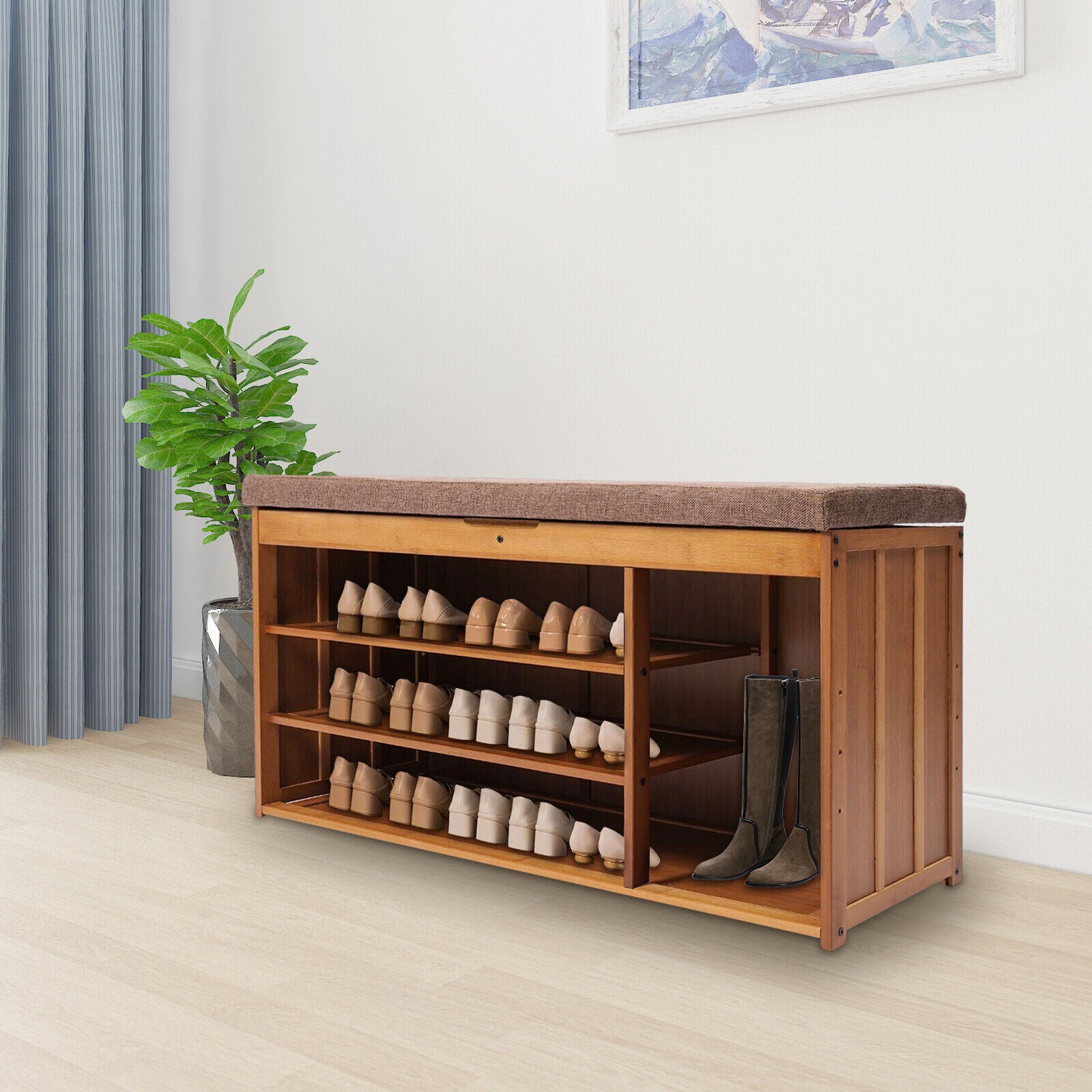 3 Tier Brown Bamboo Shoe Bench Storage Cabinet with Cushion H651713