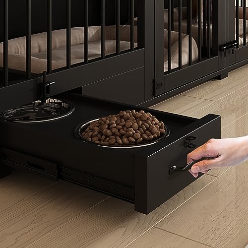 White 86.6" Heavy Duty Wooden Dog Kennel with Dog Bowl Drawers & Divider Y645