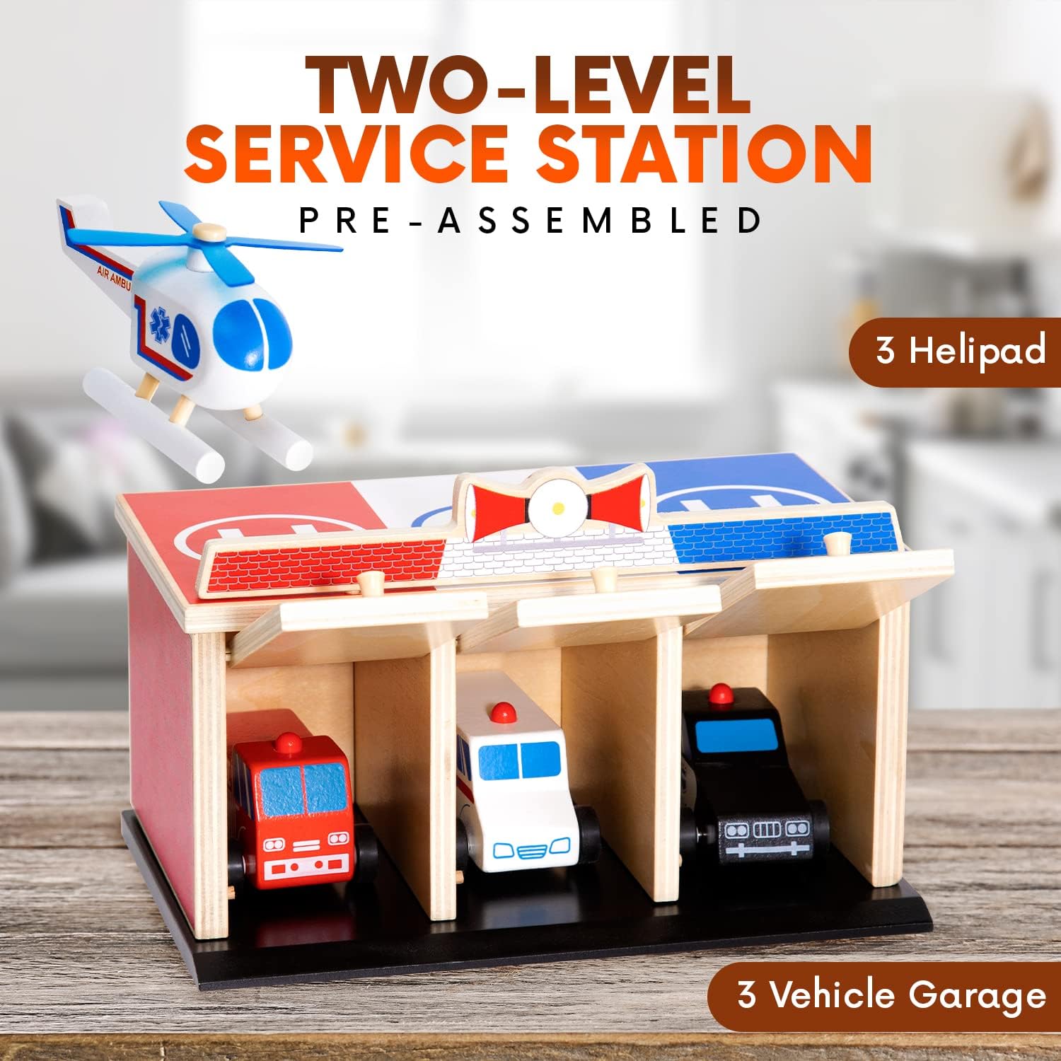 2-Level 3-Bay Parking Garage Toy Set with Fire Truck, Ambulance, Police Car, and 3 Rescue Helicopters Y312