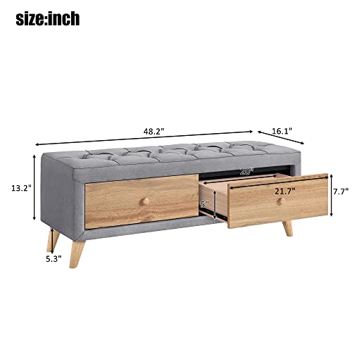 Gray Upholstered Wooden Storage Ottoman Bench with 2 Drawers V2747
