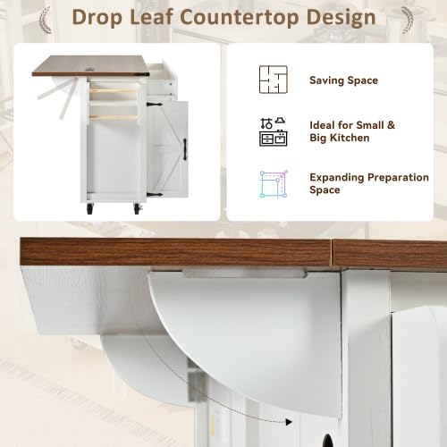 Black Kitchen Island with Storage Cabinet on Wheels, 53.5'' Mobile Kitchen Cart with Power Outlet, Drop Leaf, Spice Rack and Drawer M692