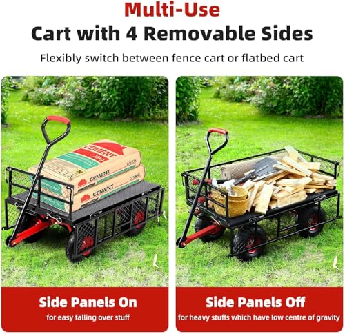 880 lb 10-inch tire steel garden cart with 4-side removable mesh and 180° swivel handle T802023