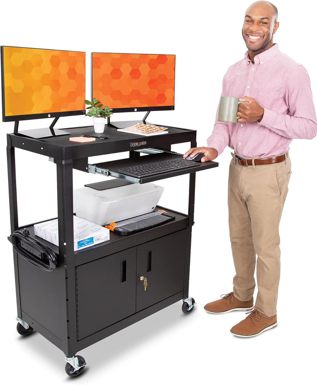 Large AV Cart with Locking Cabinet, Height Adjustable, Black M820