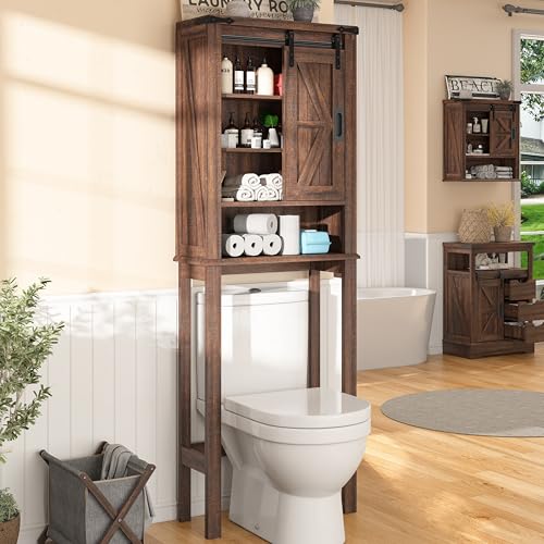 68" Tall Over The Toilet Storage Cabinet with Sliding Barn Door and Adjustable Shelves X463971
