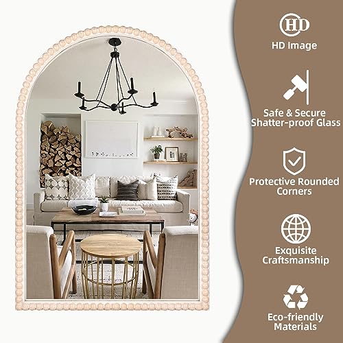 24"x36" Arch Wall Mirror Wooden Framed with White Wooden Beads D2543