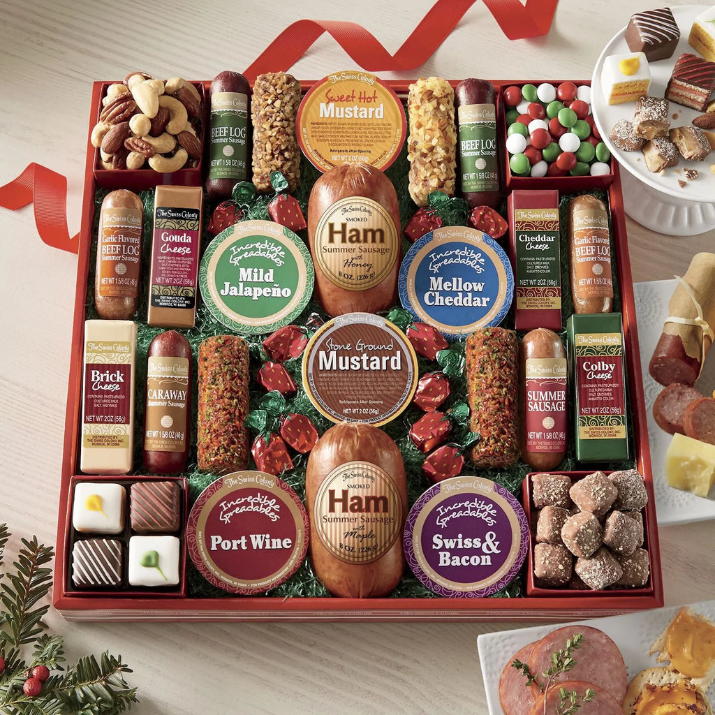 Assorted Holiday Treats with Ham Summer Sausages, Chocolates, Cheese Bars and Logs, and Candy Q434384