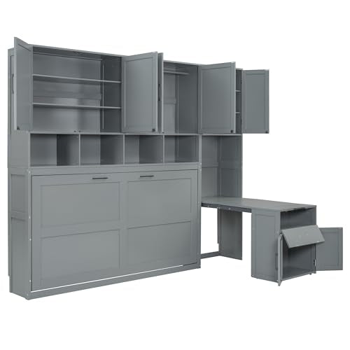 Queen Size White Murphy Bed with Desk Y926