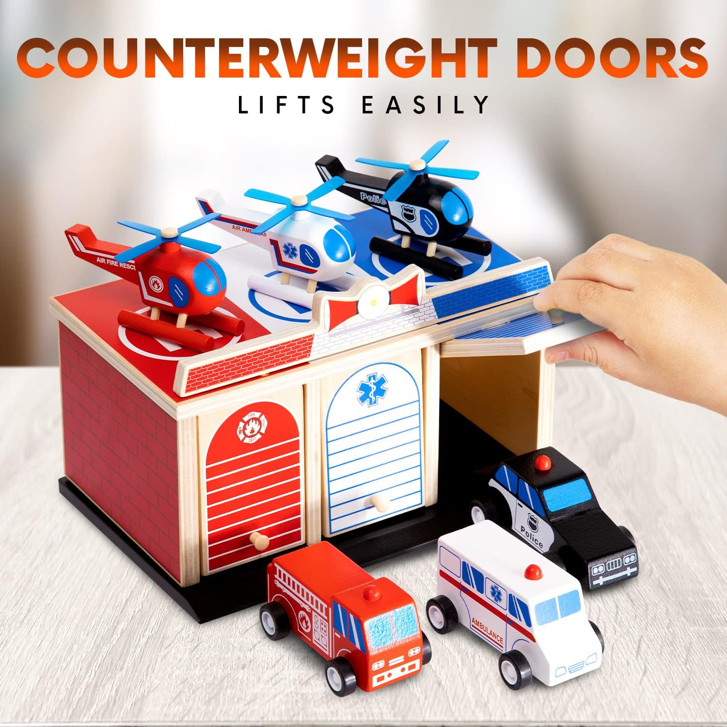 2-Level 3-Bay Parking Garage Toy Set with Fire Truck, Ambulance, Police Car, and 3 Rescue Helicopters Y312
