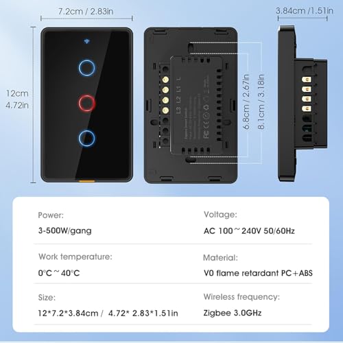 Black 3 Gang Zigbee Smart Touch Wall Light Switch W30235