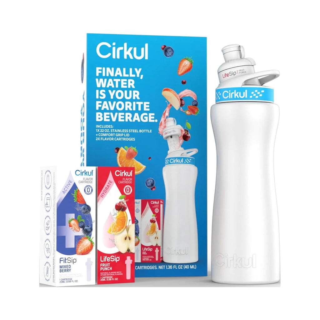 22oz White Stainless Steel Water Bottle with Blue Lid and 2 Flavor Cartridges B281