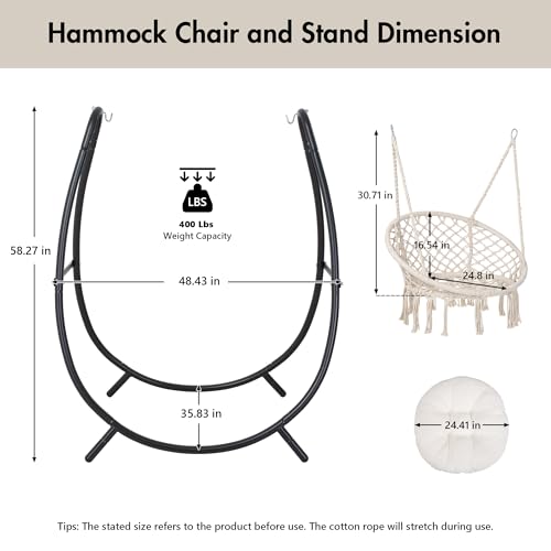 Macrame Hammock Chair with Stand, Heavy Duty Hanging Chair Stand, Includes Seat Cushion, Max 400 Lbs, Natural I447856